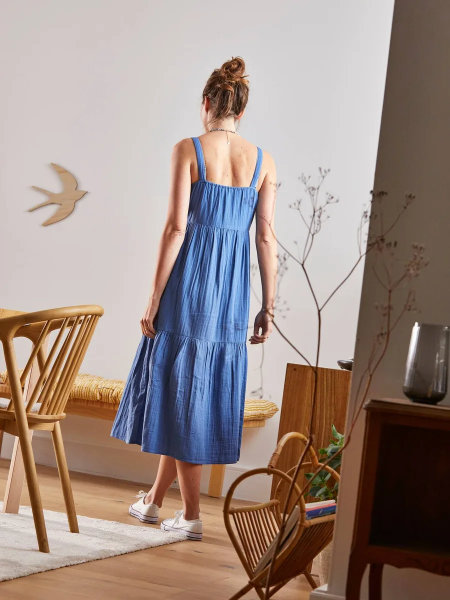 Robe fines bretelles gaze de coton grossesse et allaitement bleu - 3