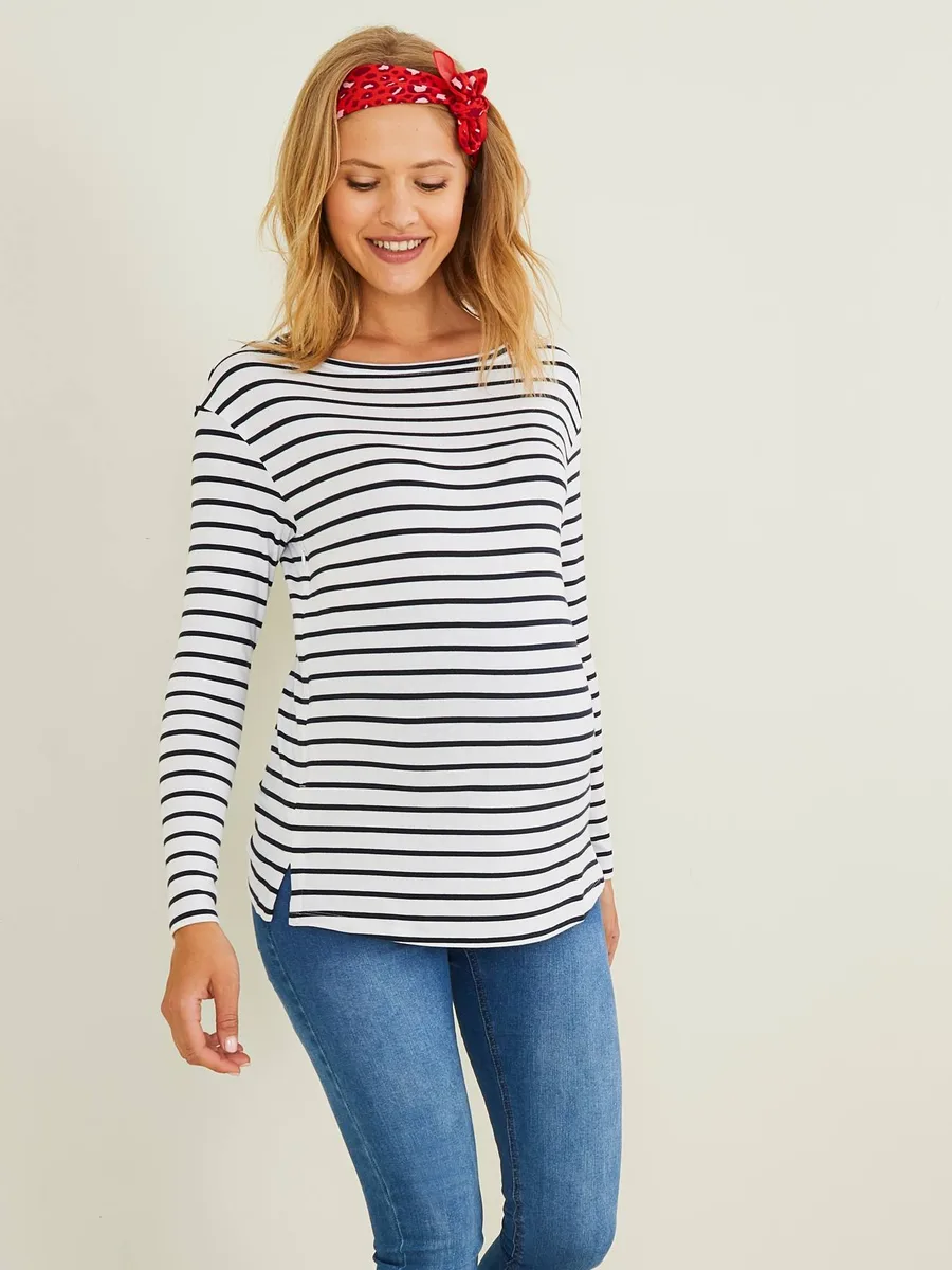 T-shirt marinière de grossesse et d'allaitement blanc clair rayé marine