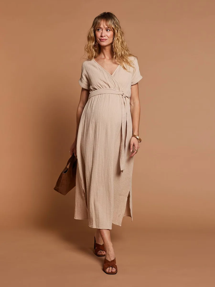Robe longue grossesse effet cache-coeur en gaze de coton argile - 3