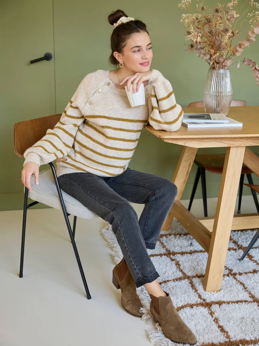Pull style marinière grossesse et allaitement ouvertures raglan beige chiné