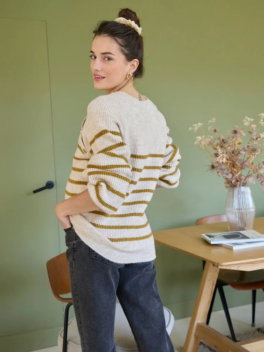 Pull style marinière grossesse et allaitement ouvertures raglan beige chiné