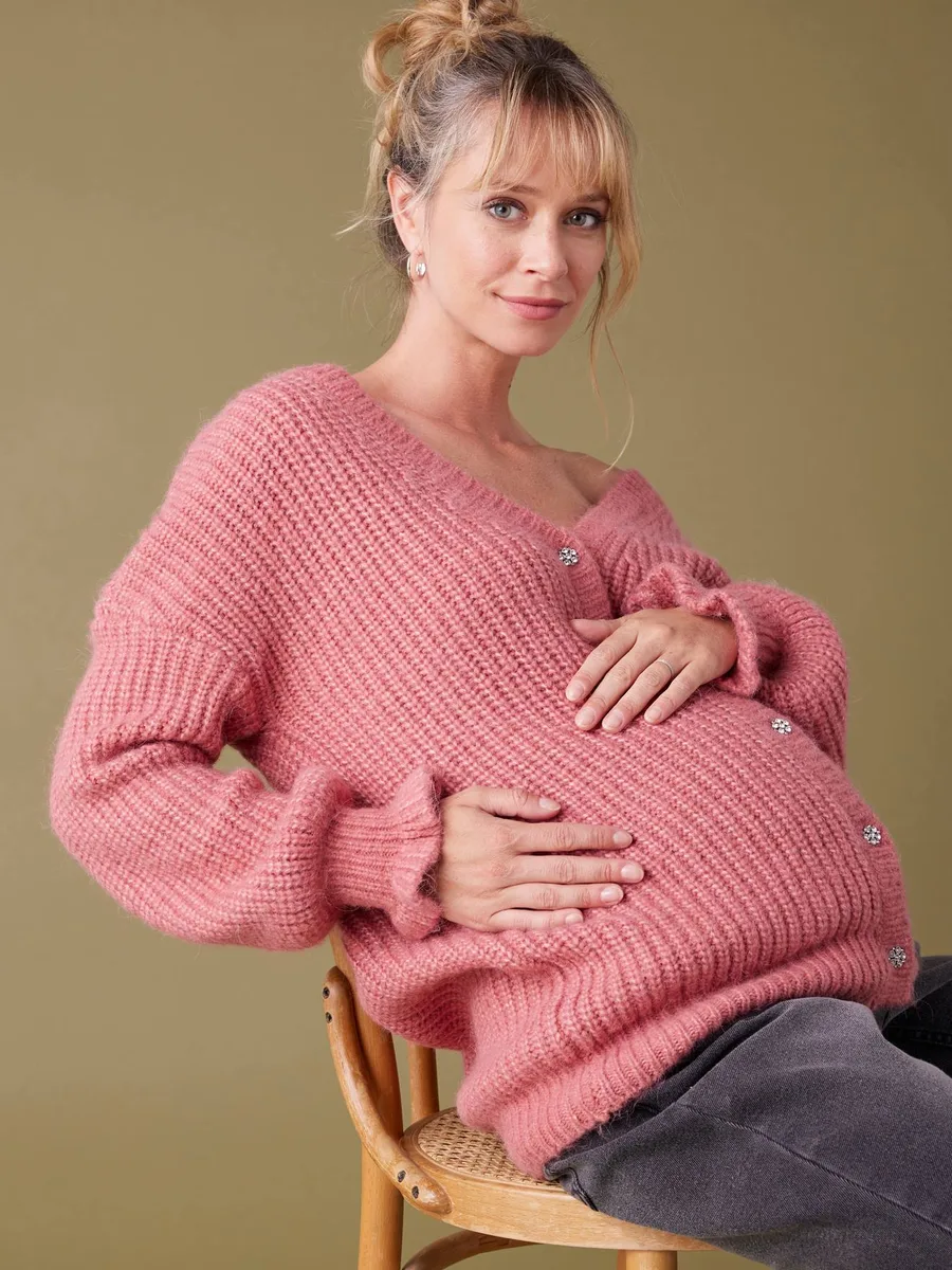 Gilet femme devant/dos en maille perlée grossesse et allaitement bois de rose