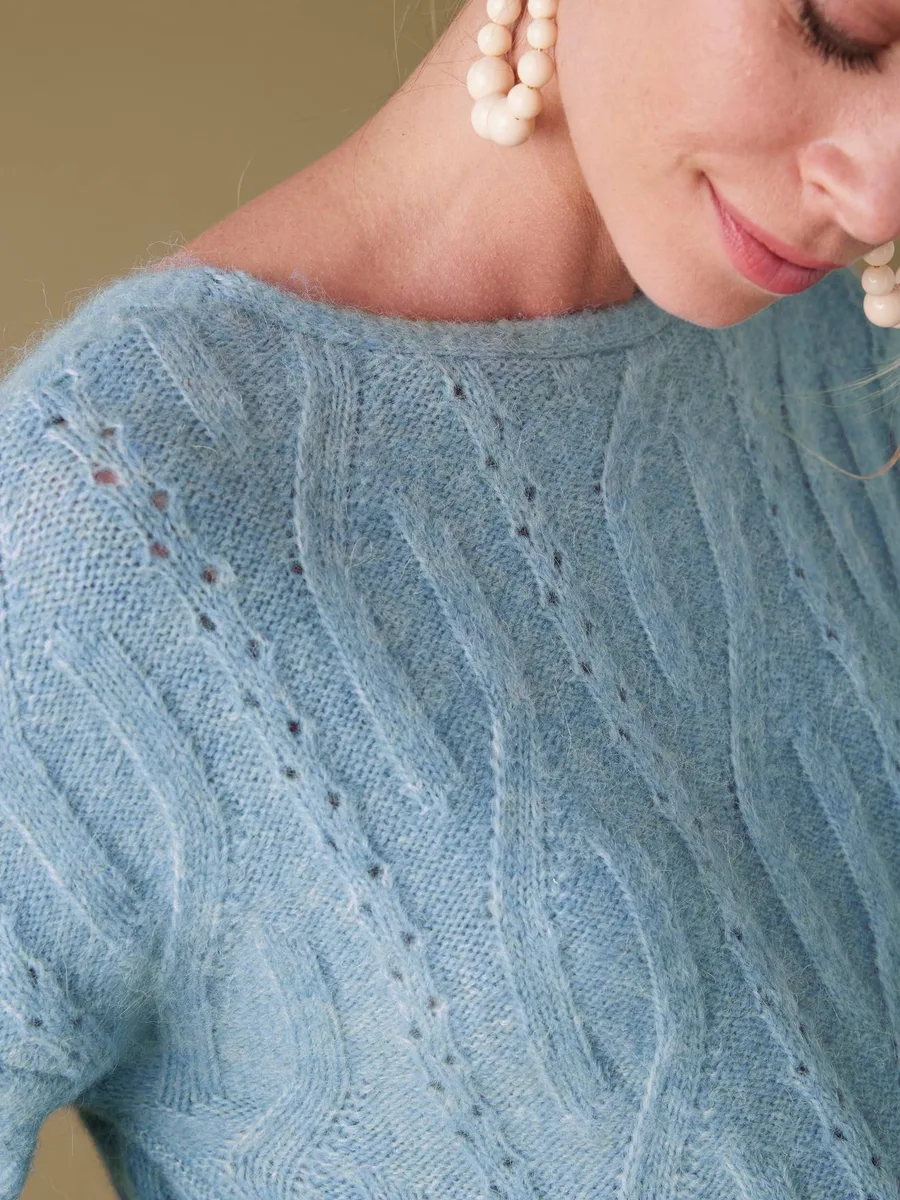 Pull devant/dos maille fantaisie avec Alpaga bleu glacier