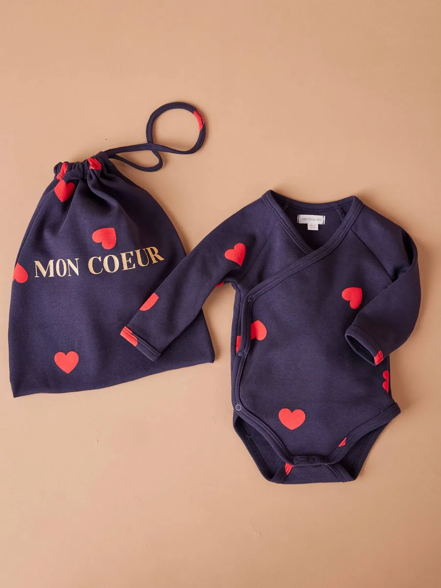 Kit Maternité Mon coeur chemise de nuit grossesse + body bébé + pochon marine