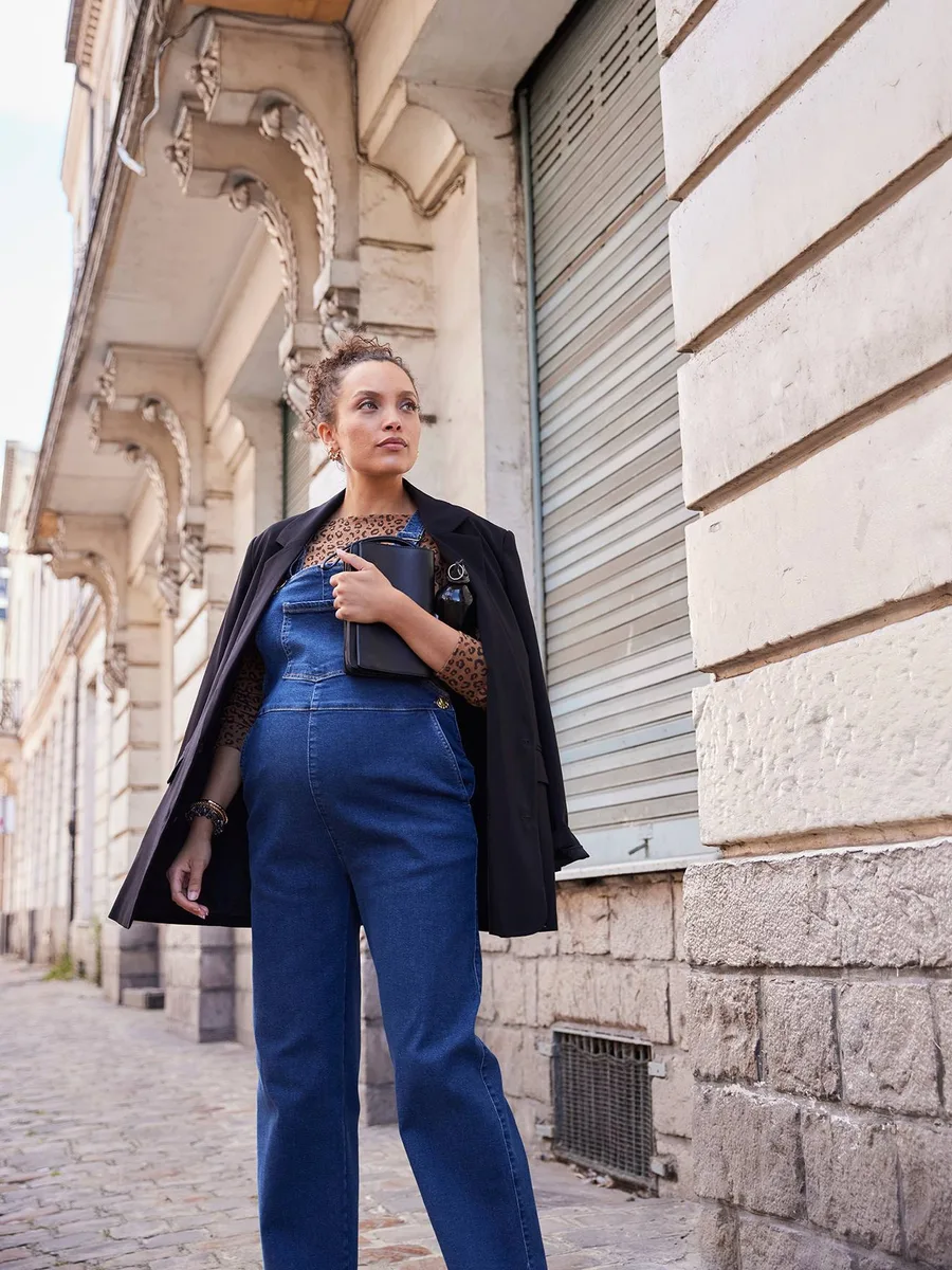 Salopette en jean de grossesse forme large denim brut