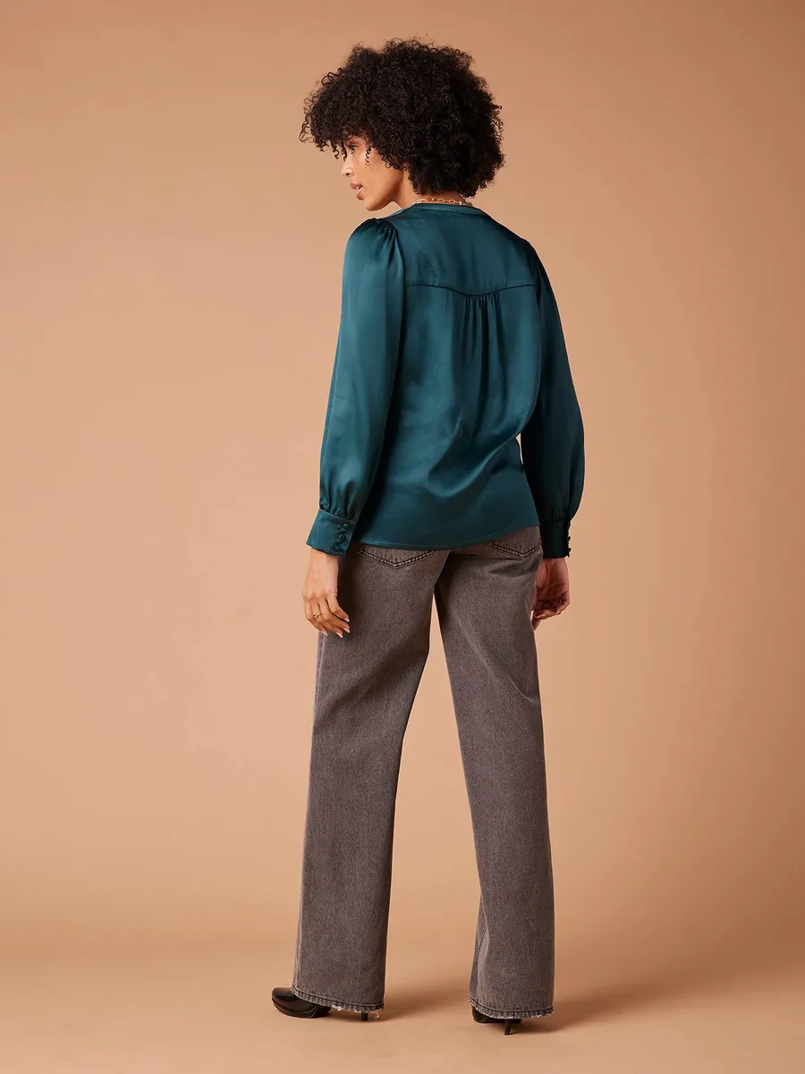 Blouse cache-coeur de grossesse effet satiné bleu pétrole - 3