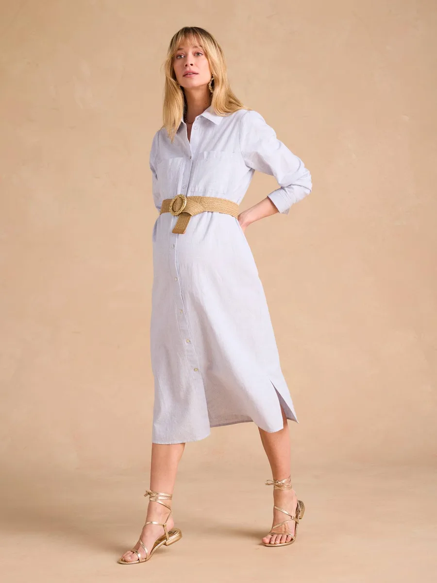 Robe chemise longue en lin mélangé grossesse et allaitement coton effet lin rayé bleu
