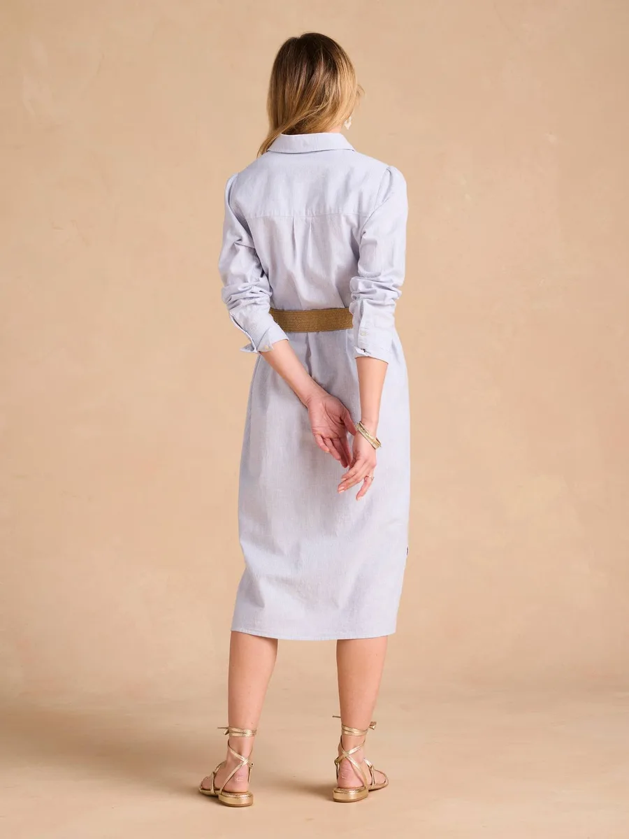 Robe chemise longue en lin mélangé grossesse et allaitement coton effet lin rayé bleu