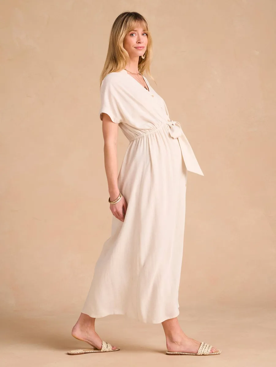Robe chemise longue en lin mélangé grossesse et allaitement beige