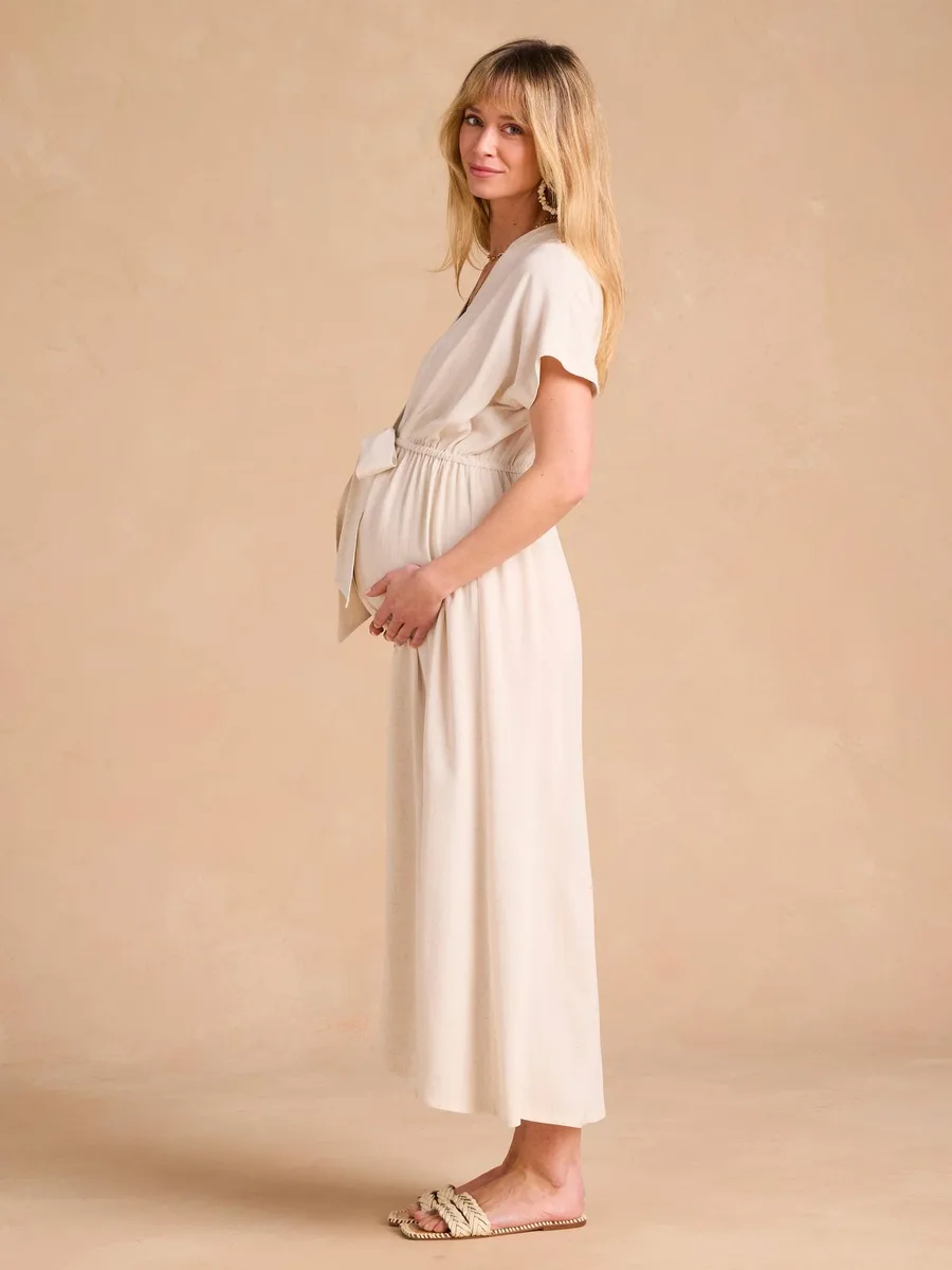 Robe chemise longue en lin mélangé grossesse et allaitement beige