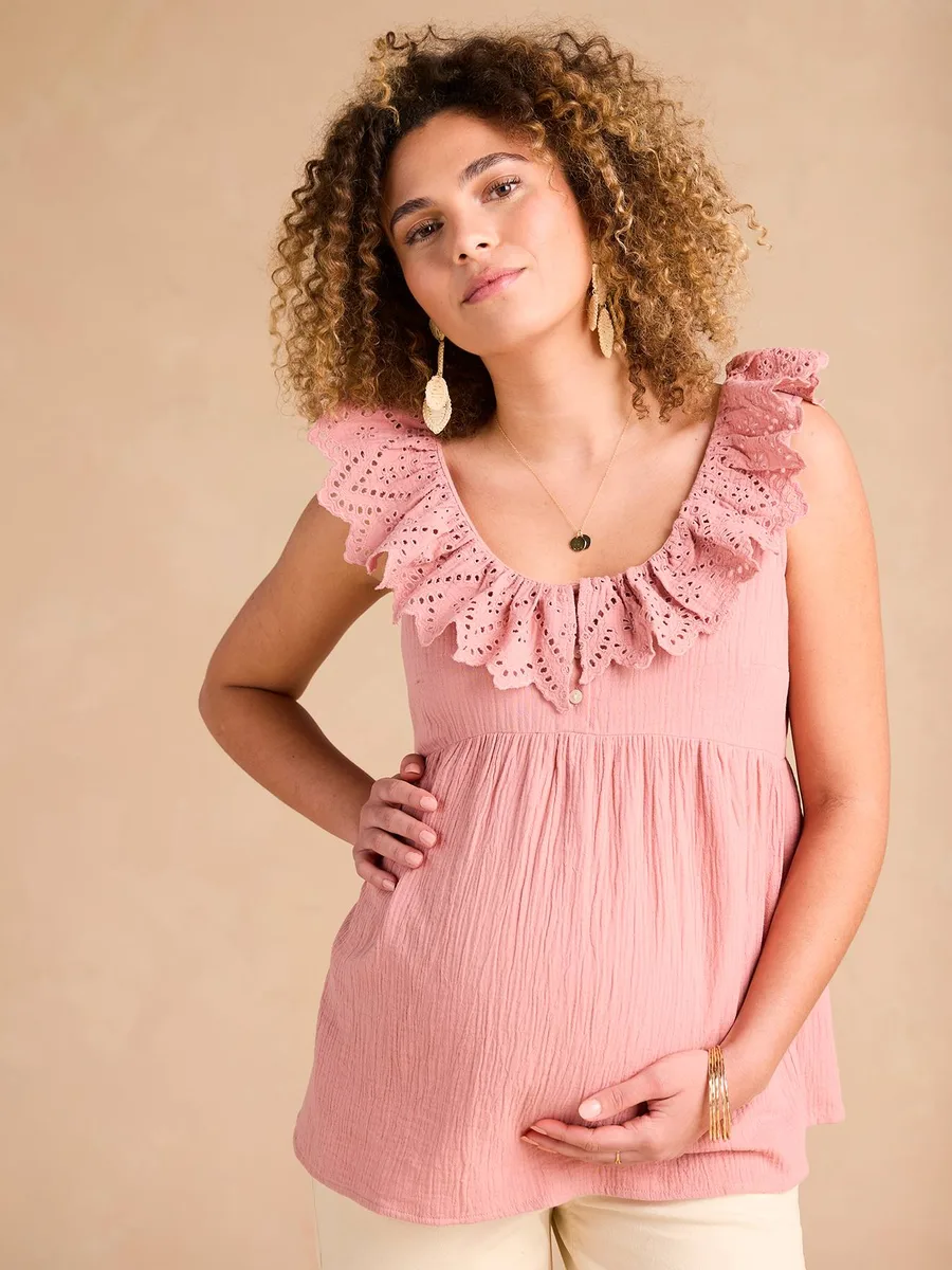 Blouse grossesse en gaze coton col broderie anglaise terracotta