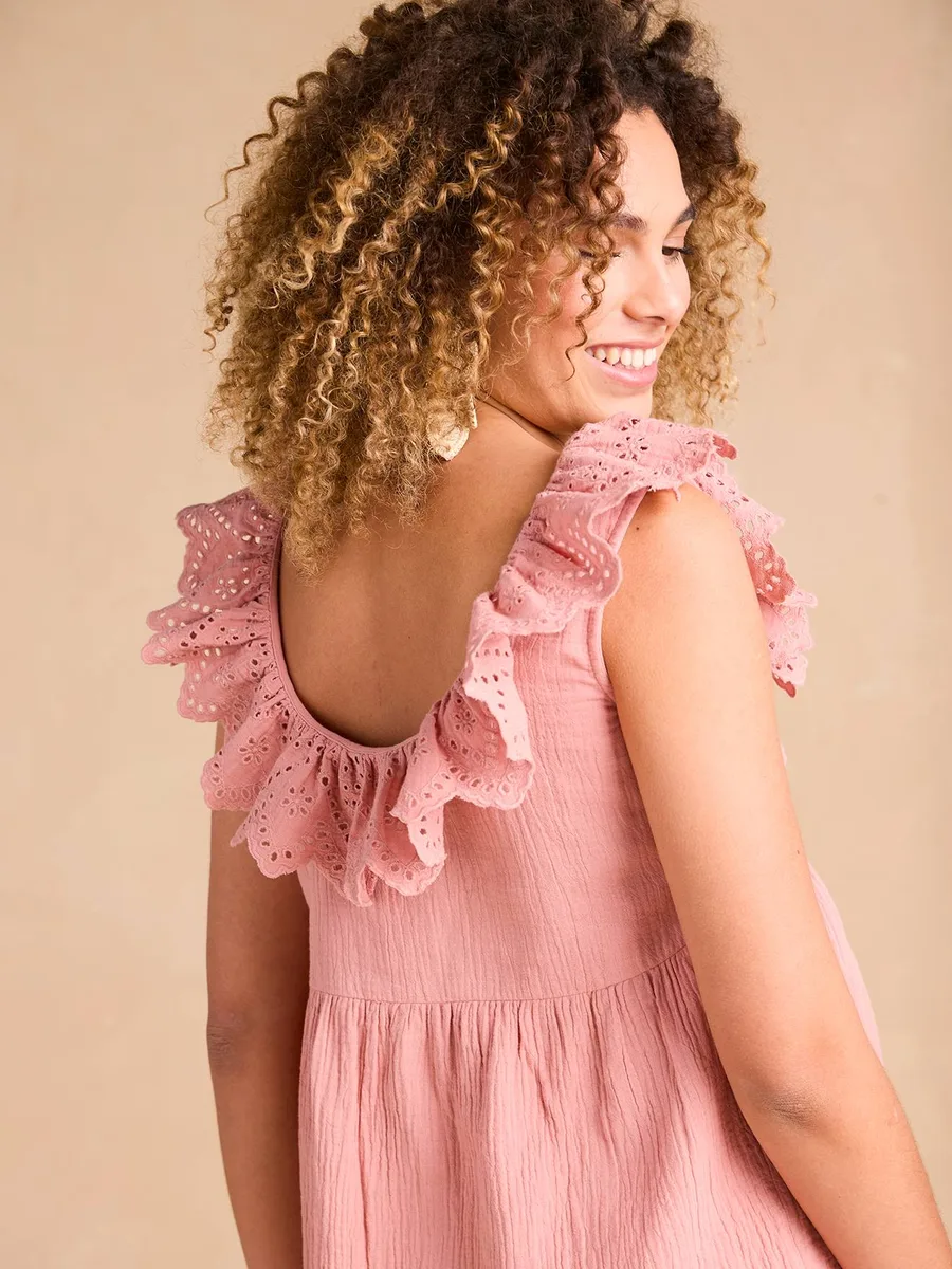 Blouse grossesse en gaze coton col broderie anglaise terracotta