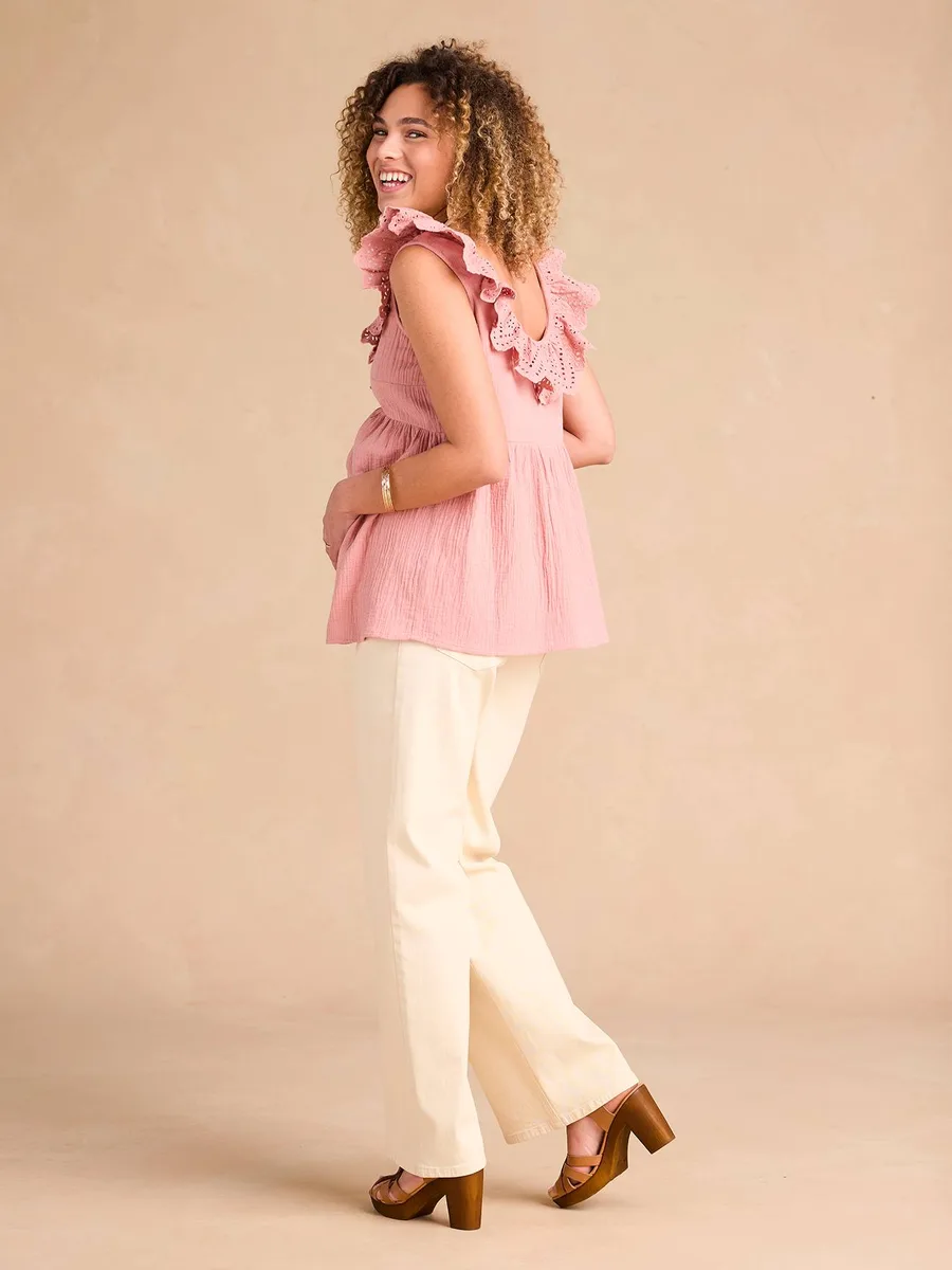 Blouse grossesse en gaze coton col broderie anglaise terracotta - 3