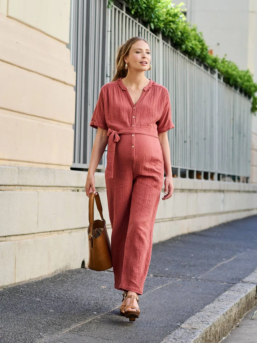 Combinaison de grossesse en gaze de coton bio terracotta